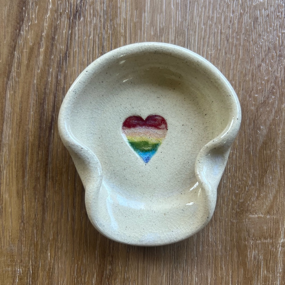 Joyful Clay Handmade Pottery Teaspoon Coffee Spoon Rest Rainbow Heart 🌈💜